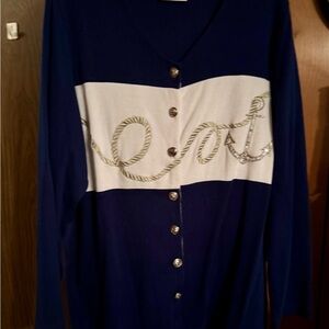 Quacker Factory Blue and White Cardigan with Metallic Accents